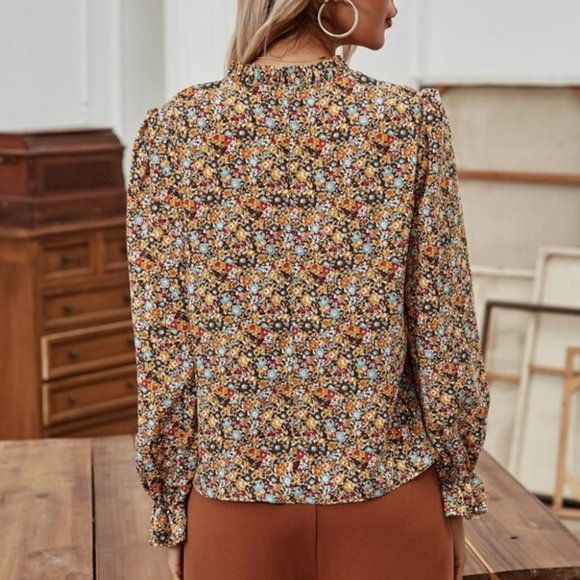 Notch Neck Puff Sleeve Ditsy Floral Blouse - Picture 3 of 5